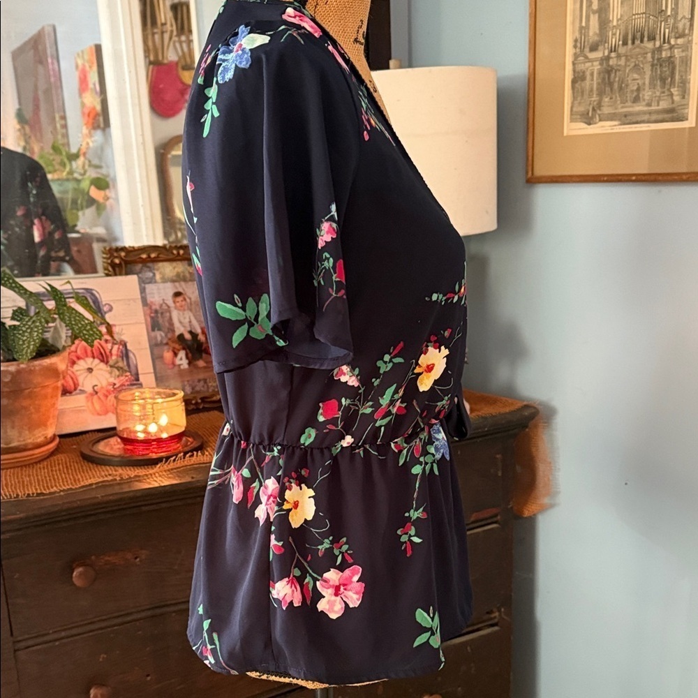 Sienna Sky Navy Blue Multicolored Floral Print Faux Wrap Top - Picture 5 of 11